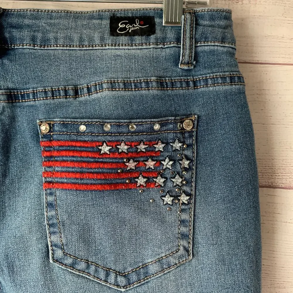 Earl Jeans Bermuda Denim Jean Shorts Patriotic Flag Embellishments Size 12